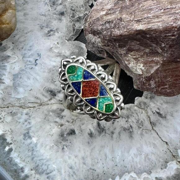 Carolyn Pollack Sterling Elongated Oval Multistone Chip Inlay Ring For Women - Picture 2 of 10